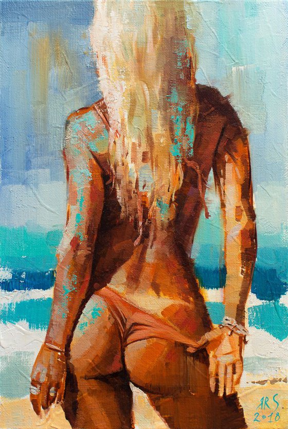SUMMER MOOD (Beautiful girl Summer Beach scene Oil Painting Portrait)