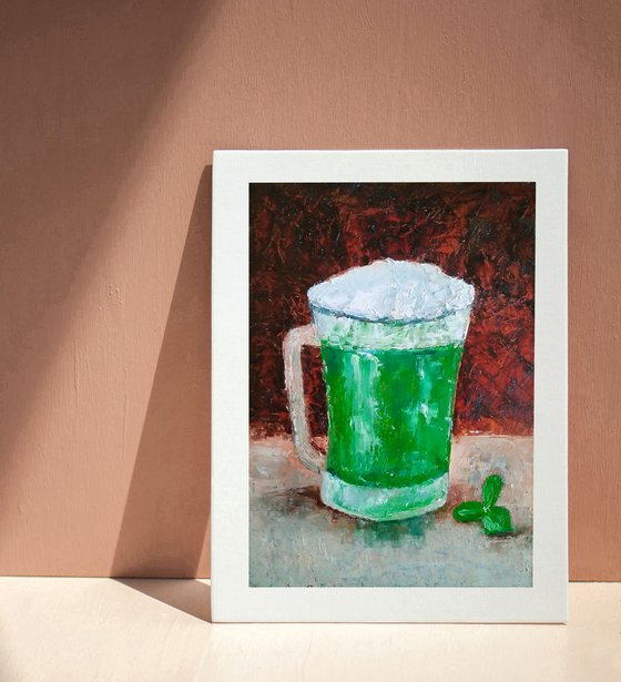 Green Beer Painting Original Art St. Patrick's day Wall Art Clover Artwork