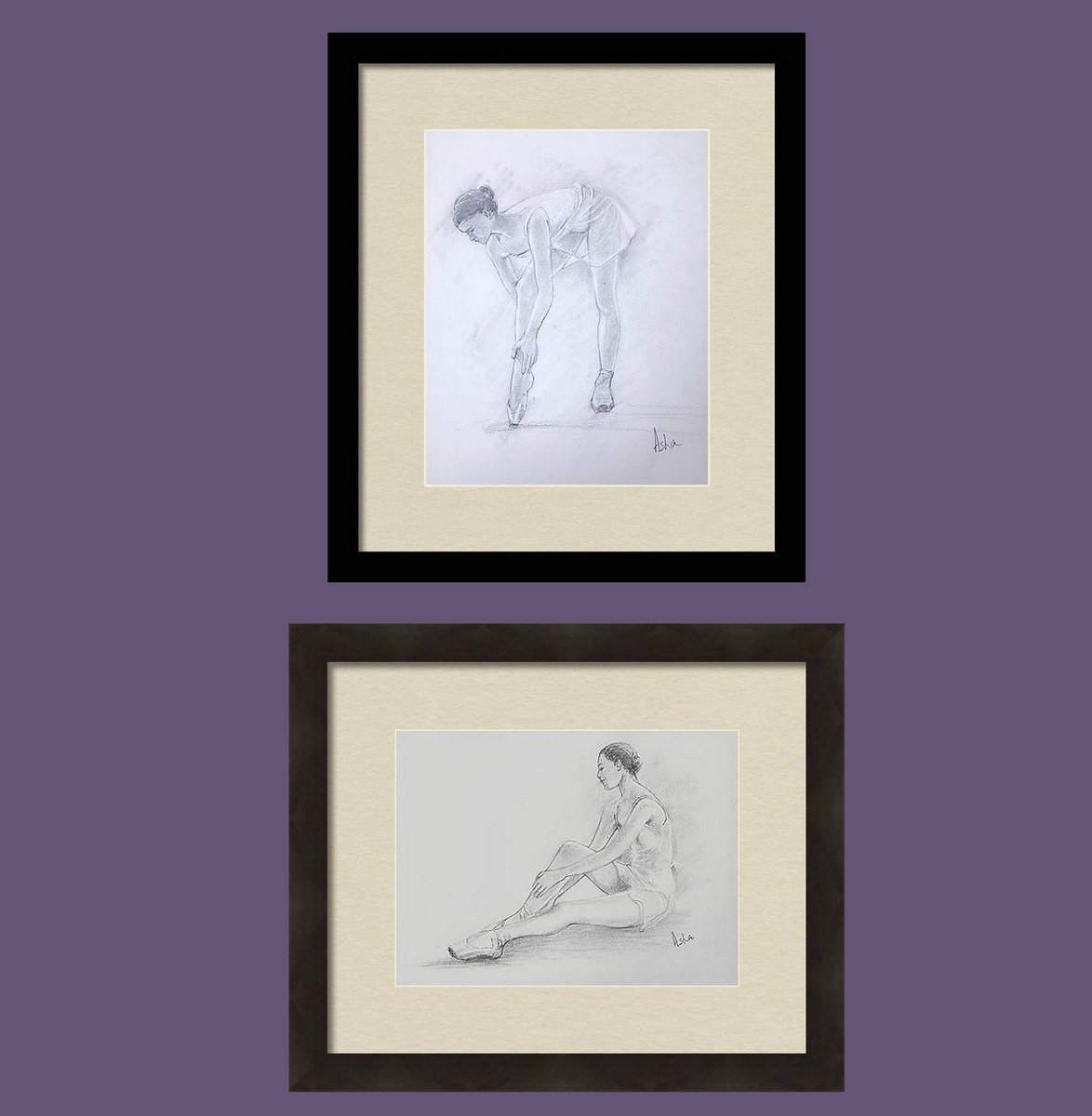 Illustrative Portrait Pencil Drawing By Asha Shenoy, 11 X 8, Set Of Ballerina Sketches 19 And 20, Original Artwork