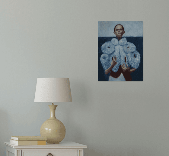 contemporary painting of fashion model in blue and white colors