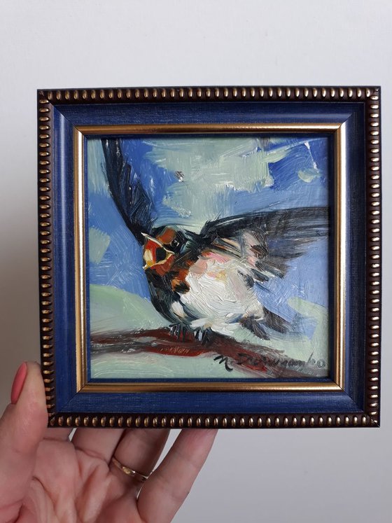 Swallow bird yellow blind original miniature painting in frame