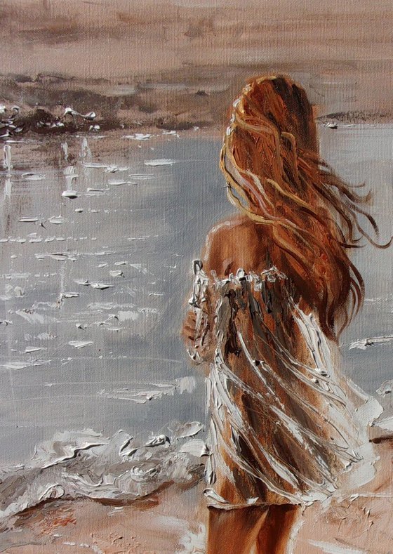 " I WANT TO SAY GOODBYE ... "- SEA SAND liGHt  ORIGINAL OIL PAINTING, GIFT, PALETTE KNIFE