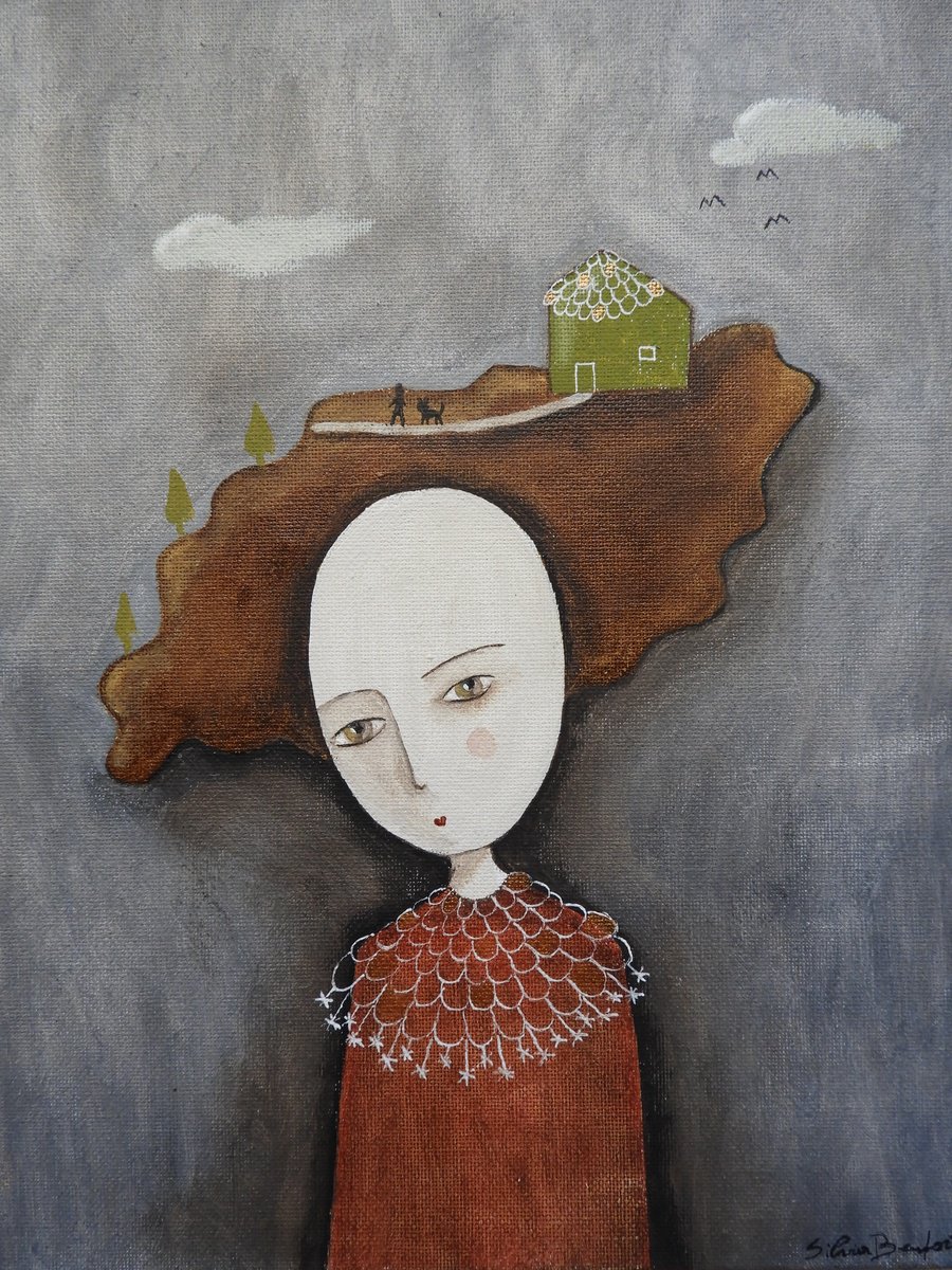 Illustrative Animal Painting By Silvia Beneforti, 9 X 12", Thinking About Home, Original Artwork