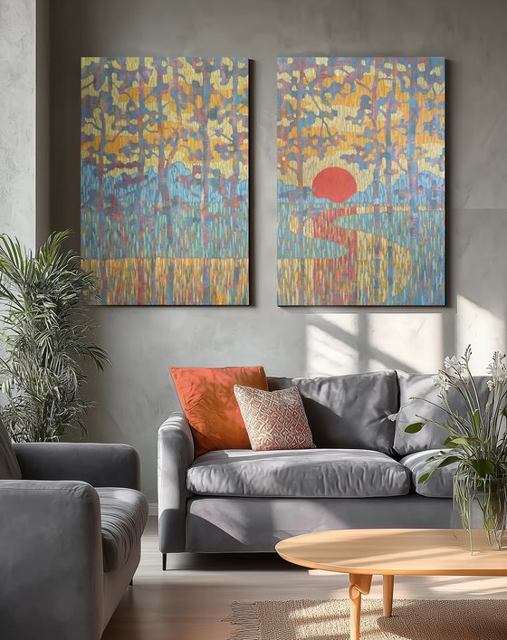 Sunset on the River. Diptych