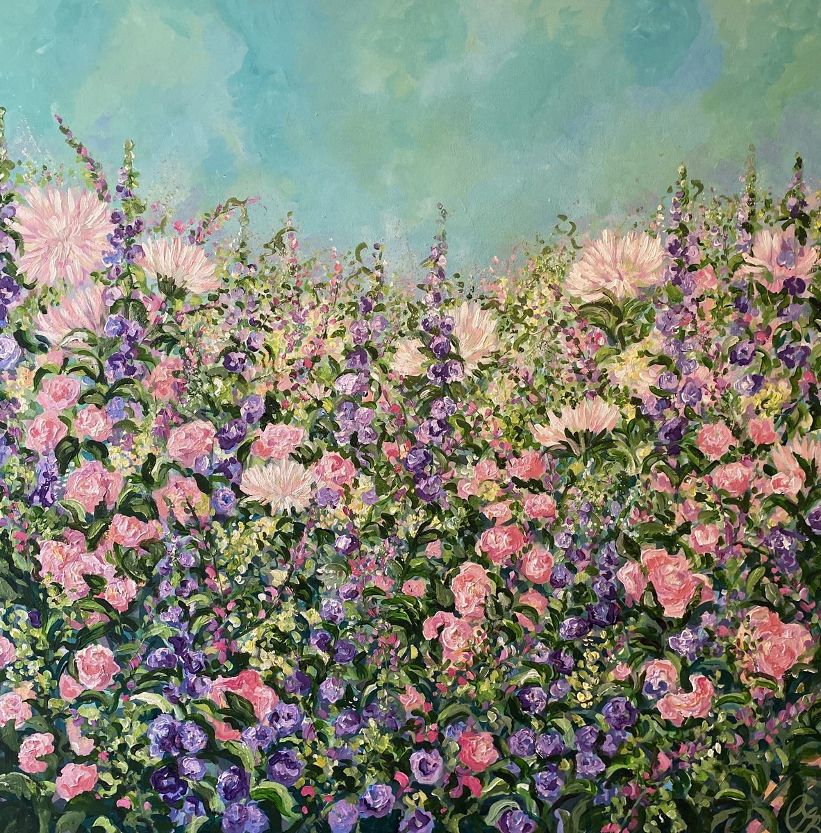 Organic Botanical Acrylic Painting By Colette Baumback, 39 X 39, The Pastel Garden, Original Artwork