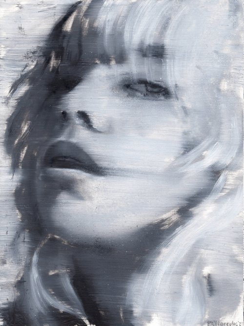Billie Eilish | Black and white oil painting on paper | beautiful powerful make up singer muse vibe woman lady by Renske Karlien Hercules