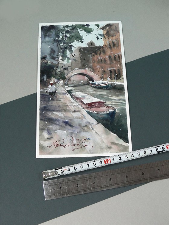 Sidewalk along Venice Canals, Venetian Landscape, Original Watercolor Painting