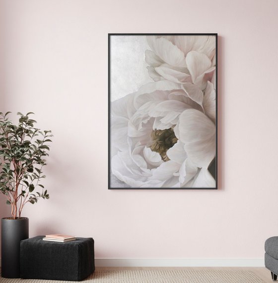 "Soft Peonies" White silver flowers oil art