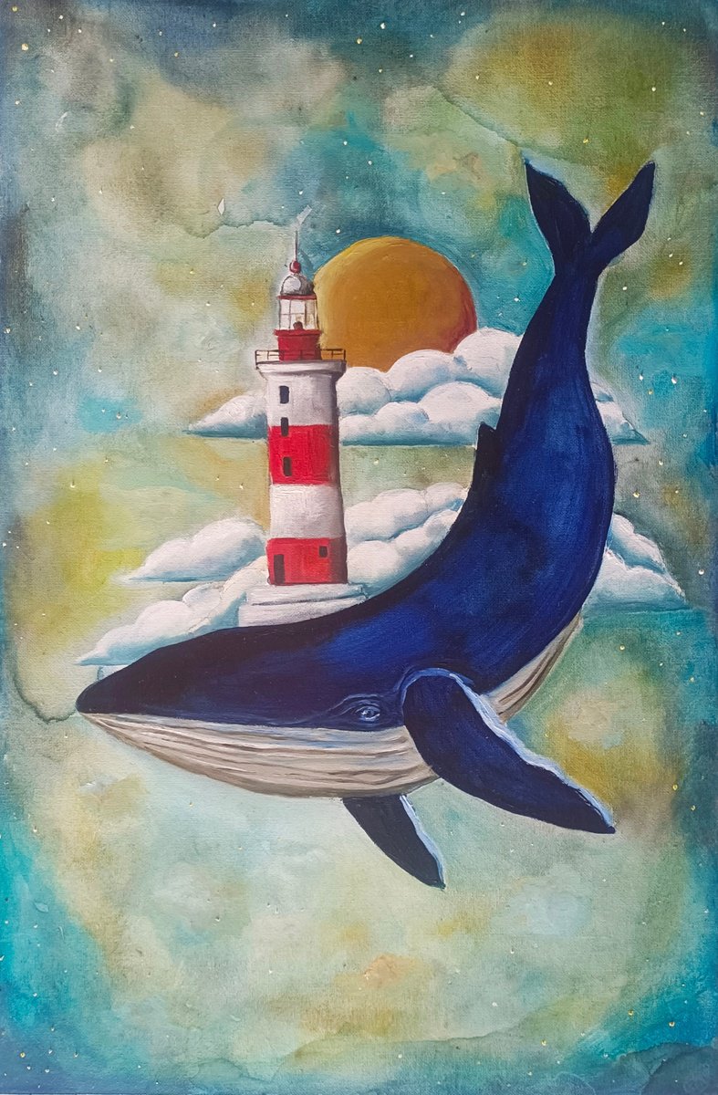 Surrealistic Animal Painting By Evgenia Smirnova, 12 X 18, Fly With Me, Original Artwork