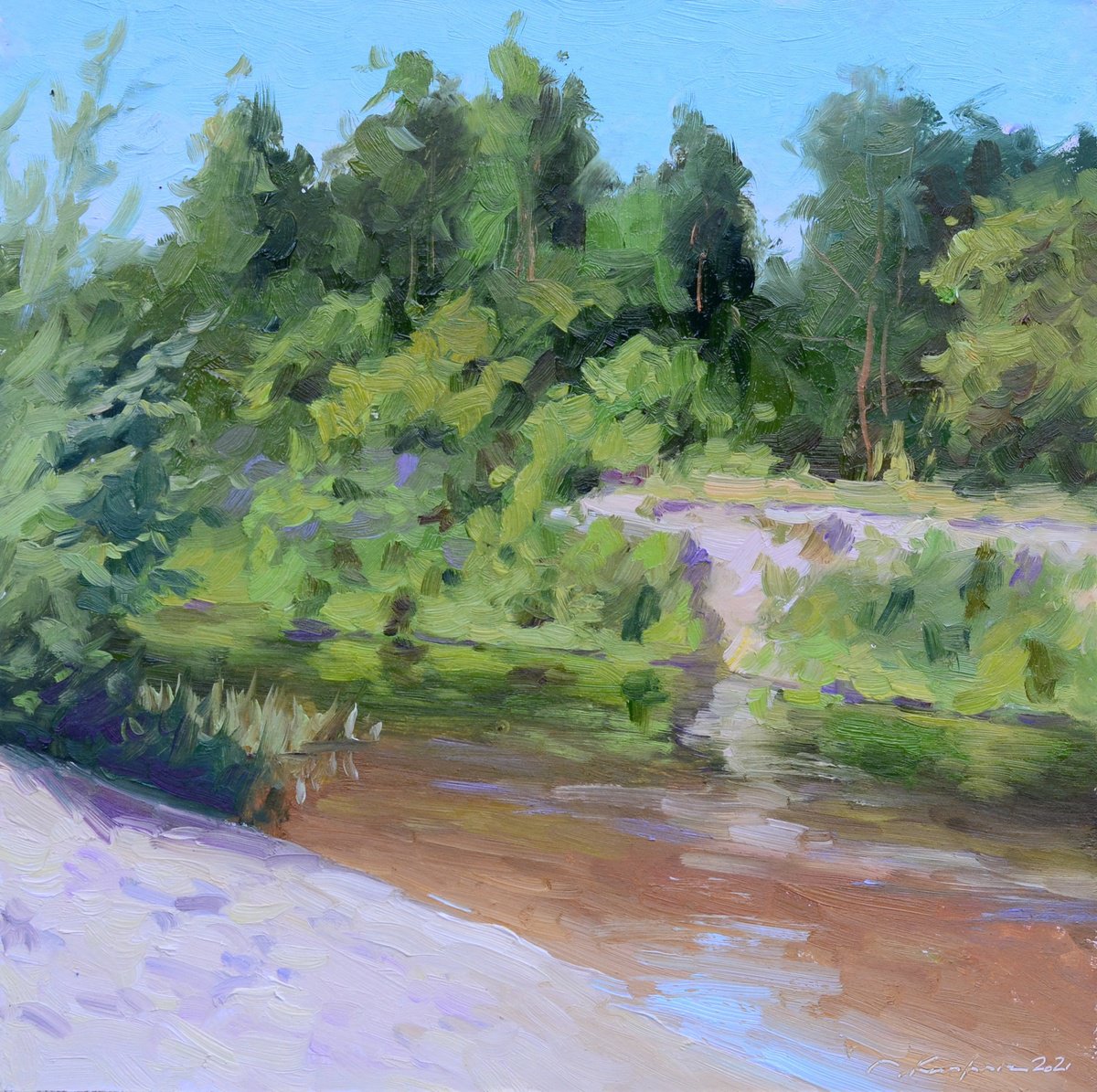 Impressionistic Landscape Oil Painting By Ruslan Kiprych, 10 X 10", Noon On The River, Original Artwork