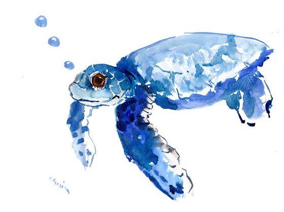 Baby Sea Turtle, Blue sea turtle painting