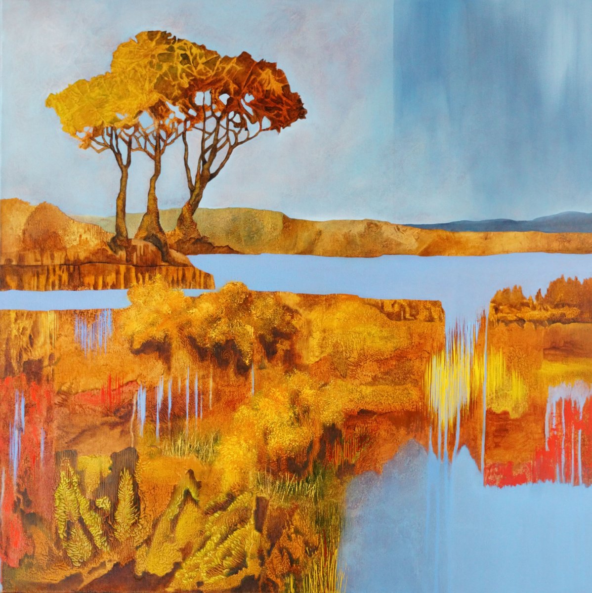 Abstract Landscape Oil Painting By Vera Hoi, 35 X 35", Beneath The Same Sky, Original Artwork