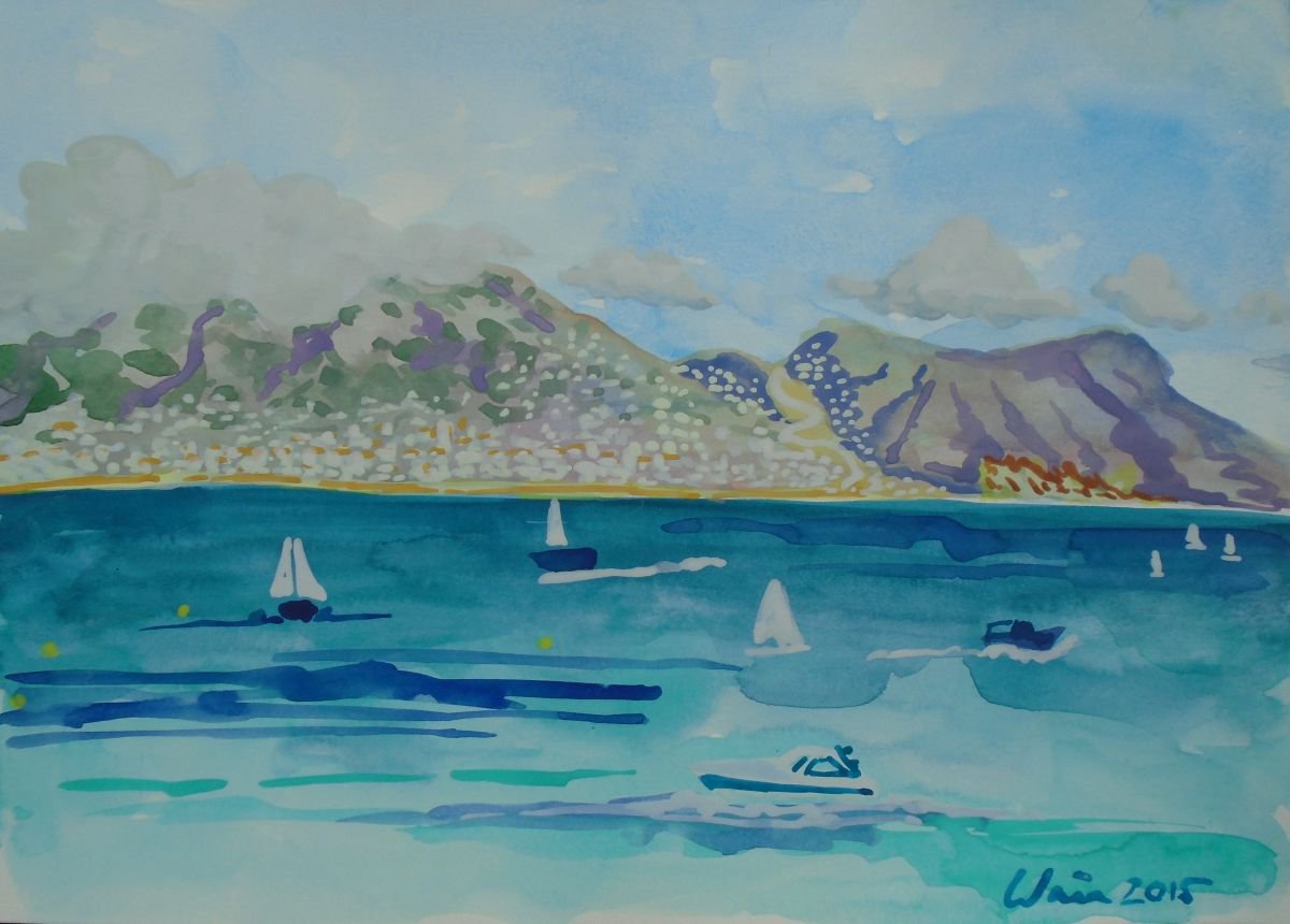 Boats on the Mediterranean with Sierra Bernia View (from Albir Beach) by Kirsty Wain