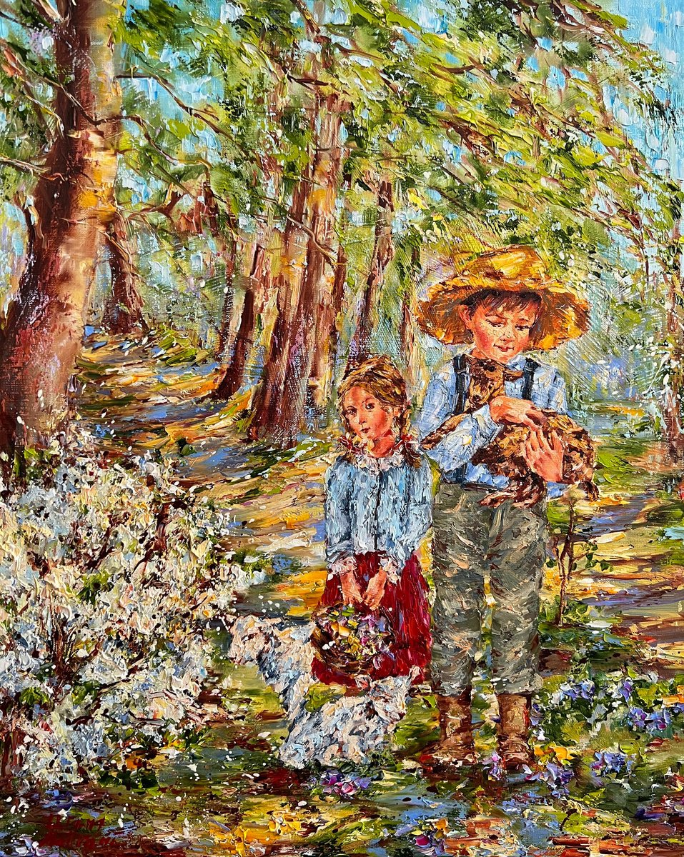 Impressionistic Animal Oil Painting By Diana Malivani, 16 X 19, Promenade..., Original Artwork