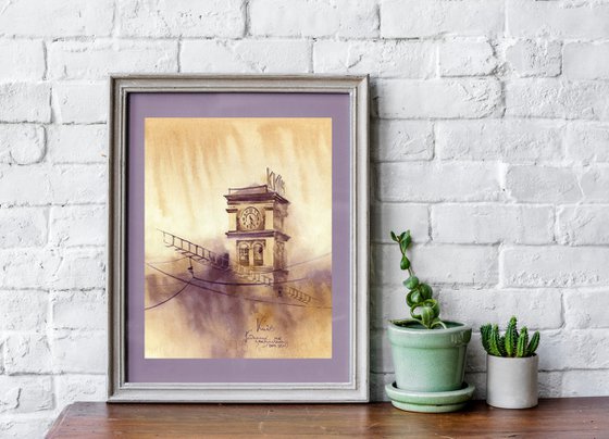 Architectural landscape "Kyiv. Clock on the station tower" - Original watercolor painting