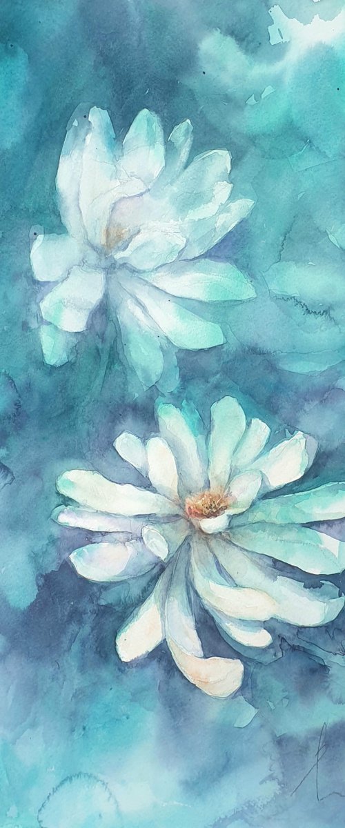 watercolour MAGNOLIA in TURQUOISE flower painting 30x45/ 2020.018 by Beata van Wijngaarden