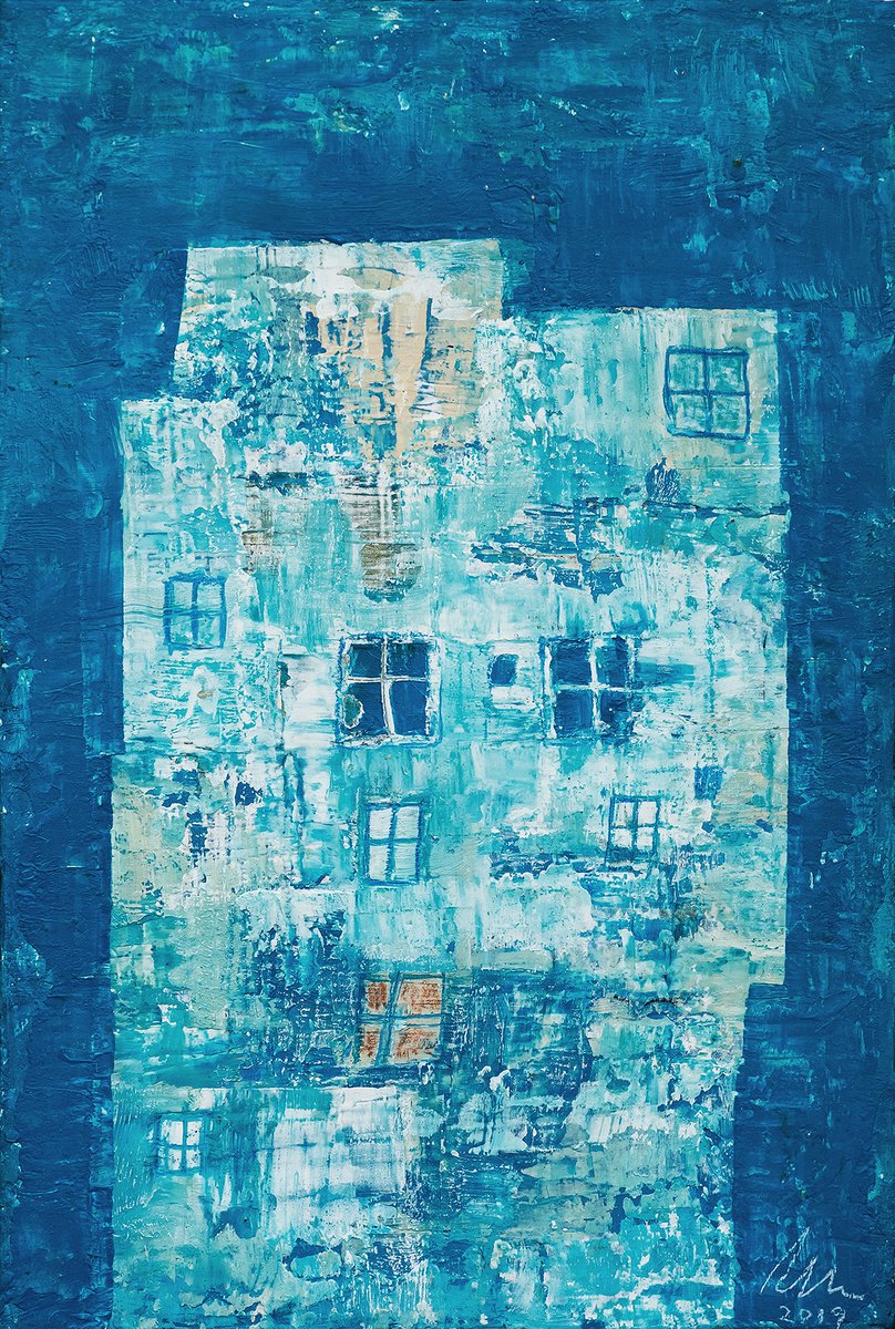 Organic Cityscapes Painting By Peter Zelei, 8 X 12", Blue House, Original Artwork