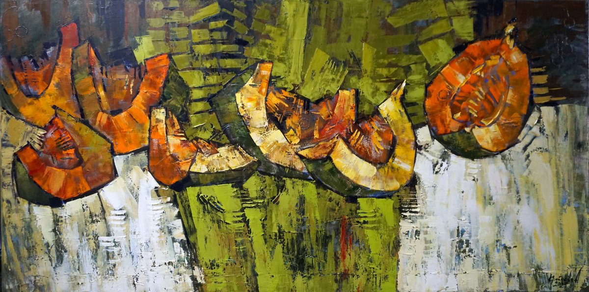 Impressionistic Still Life Oil Painting By Anastasiia Kraineva (Masniuk), 63 X 31, Pumpkin, Original Artwork