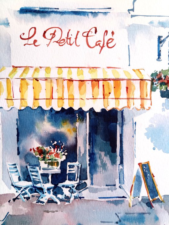 Urban romantic landscape "Autumn cafe in the old town" original watercolor painting