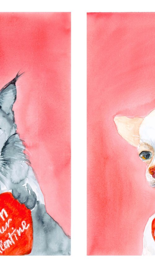 Set of 2 portrait of maine coon cat and chihuahua dog with red heart by Olga Ivanova