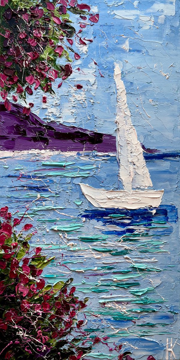Impressionistic Landscape Oil Painting By Halyna Kirichenko, 8 X 16, Sailboat At Amalfi Coast, Original Artwork