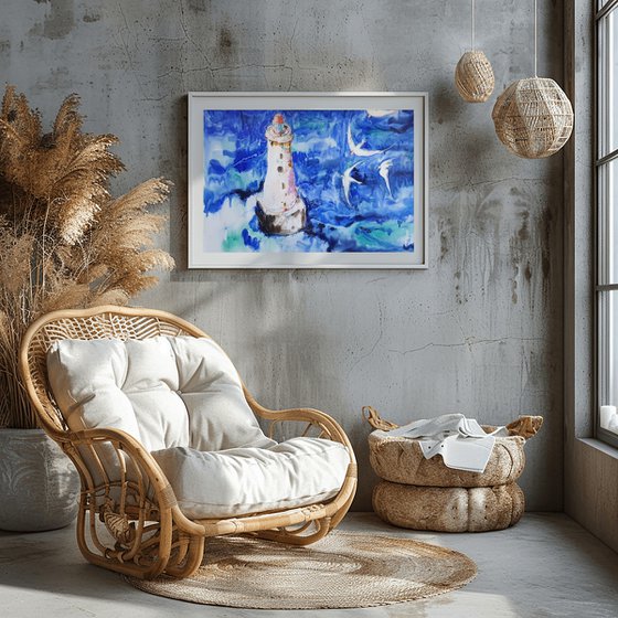 Stormy Lighthouse Mixed Media Art