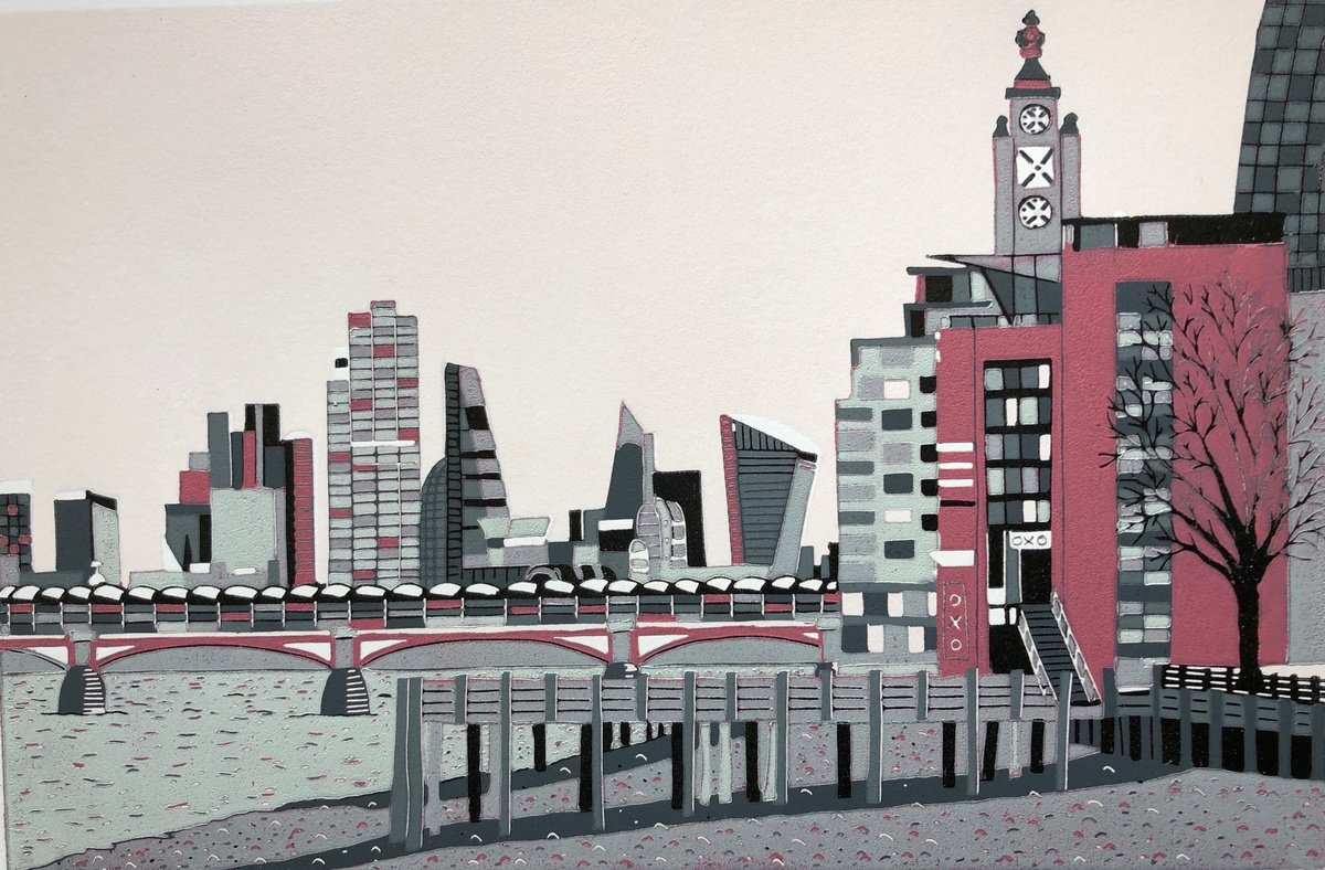Illustrative Cityscapes Linocut By Nathalie Pymm Art, 12 X 8", Oxo Tower Wharf, Original Artwork