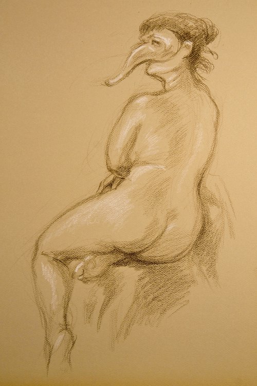 A nude woman wearing an Italian mask by Anatol Woolf