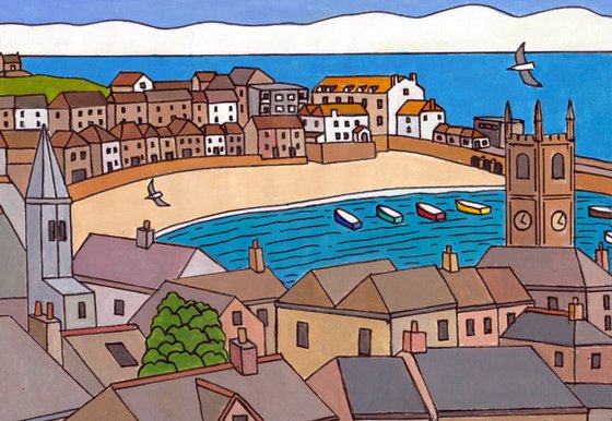 "St Ia church and harbour view, St Ives"