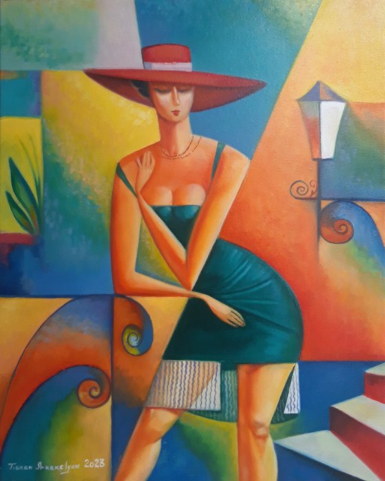 Lady in red hat (50x40cm, oil/canvas, ready to hang)