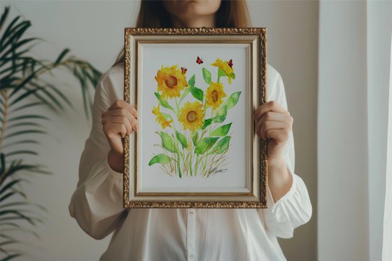 Sunflowers and Red Butterflies