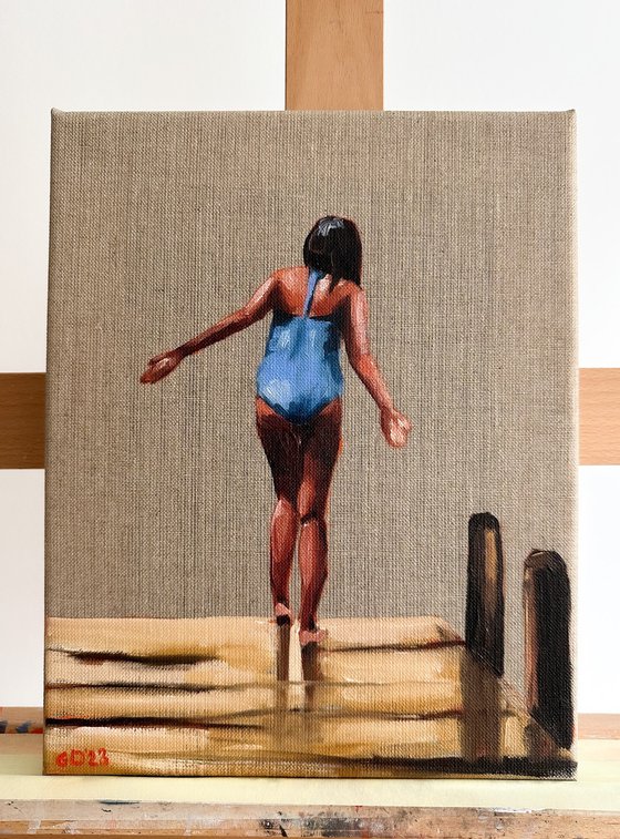 Girl on the Pier - Female Figure in Swimsuit Painting