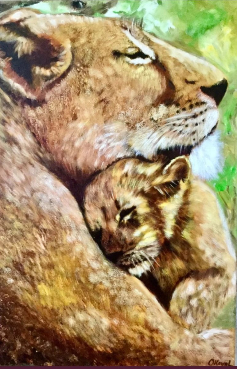 Impressionistic Animal Oil Painting By Olga Koval, 16 X 24", Lions . My Sweet Heart., Original Artwork