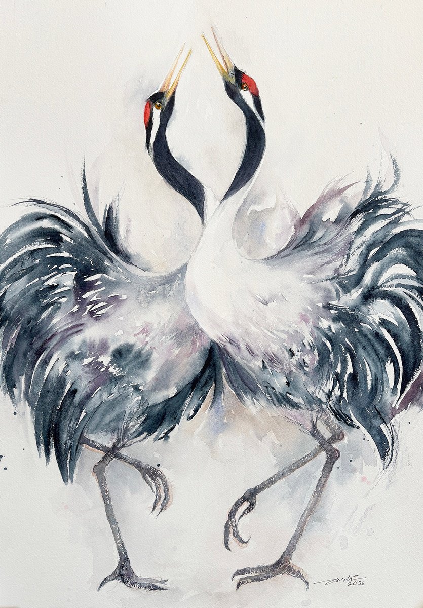 Impressionistic Watercolour , Soul Song Japanese Cranes By Arti Chauhan, 14 X 20, Artwork For Sale On Artfinder