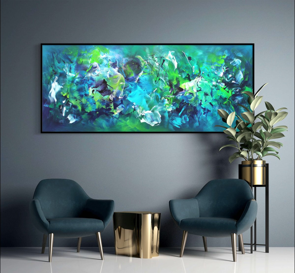 Expressive Abstract Acrylic Painting By Paresh Nrshinga Frsa, 72 X 30", Emerald City, Original Artwork
