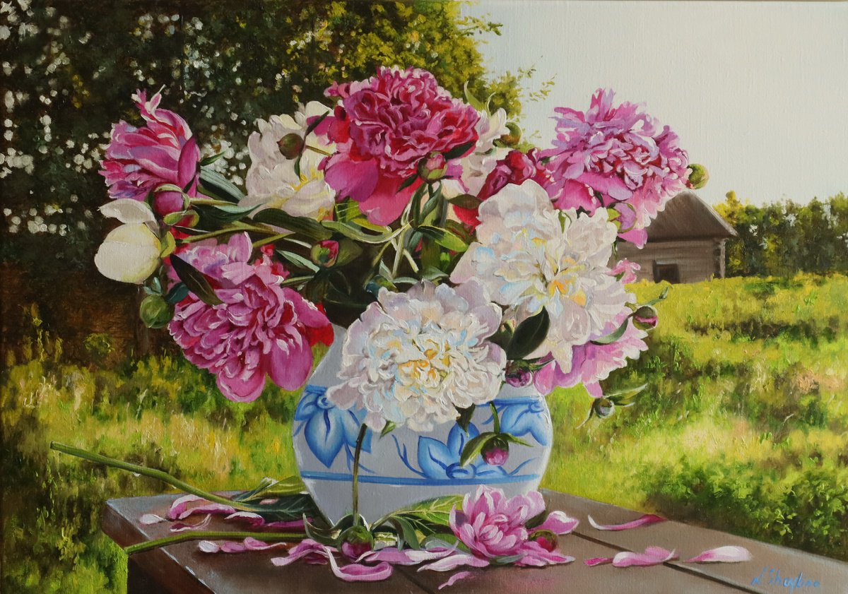 Photorealistic Oil Painting , Peonies In The Countryside By Natalia Shaykina, 20 X 14, Artwork For Sale On Artfinder