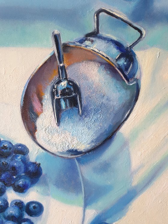 "Slightly sour.  "  still life summer blueberry blue berries  white liGHt original painting  GIFT (2021)