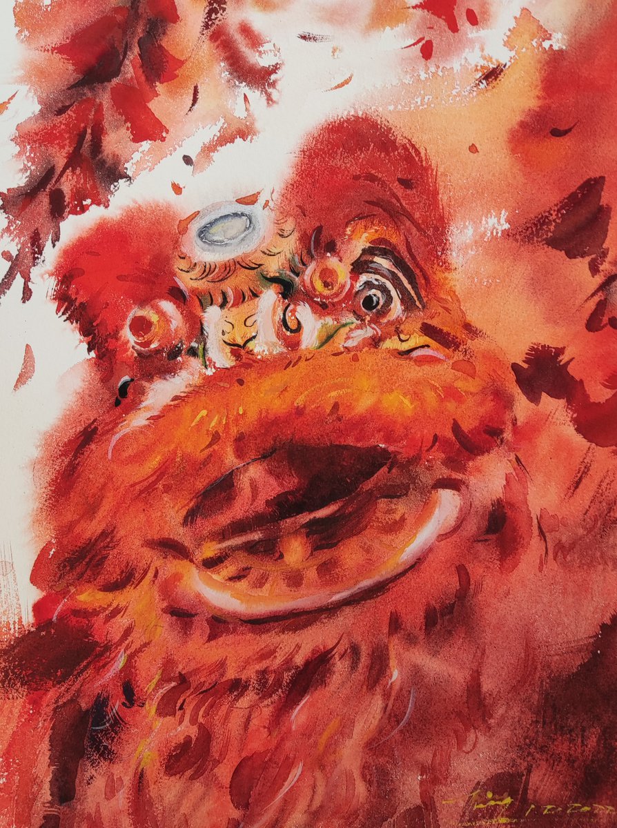 Impressionistic Animal Watercolour By Jing Chen, 11 X 15, Dancing Lion, Original Artwork