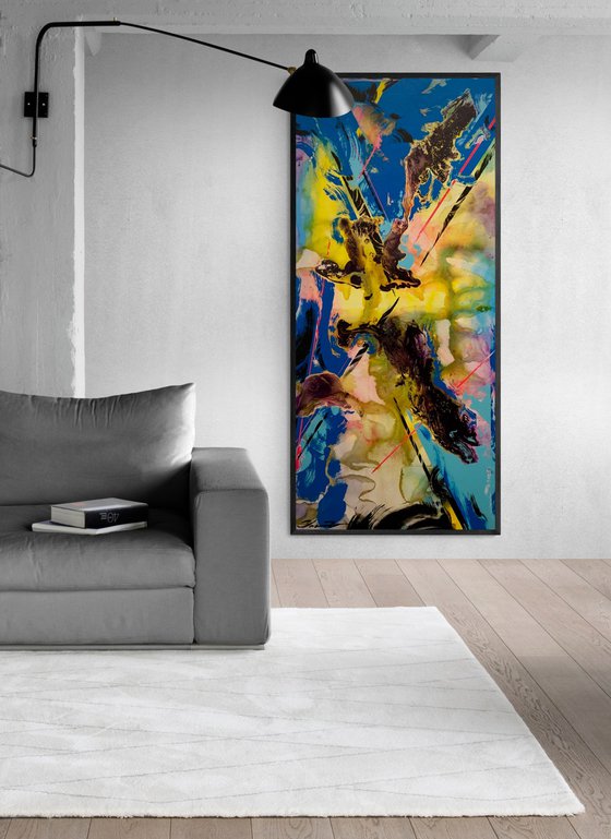 XL Abstract painting - "Blue fog" - Abstraction - Geometric - Space abstract - Big painting - Bright abstract - Blue&Yellow