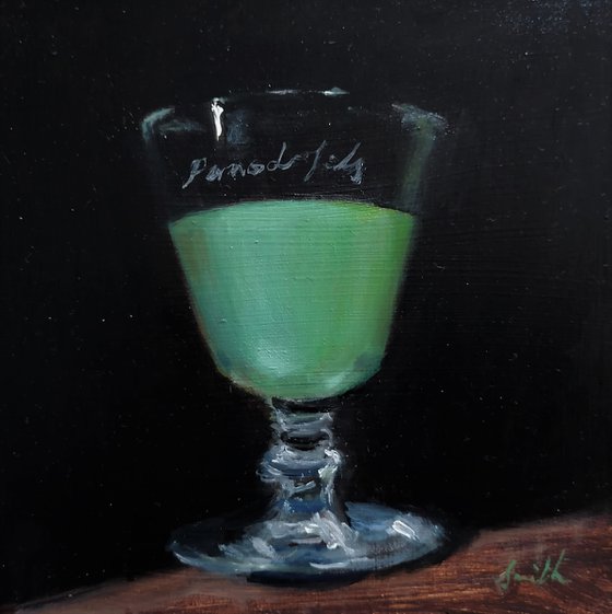 Pernod Absinthe Still Life original oil realism painting, with black wooden frame.