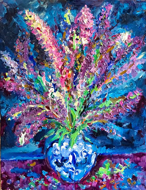 BOUQUET IN A BLUE VASE - Still life vanity with summer flowers, floral art, original painting, oil on canvas,  lupine flower in blue, interior art home decor, size 90x70 by Karakhan
