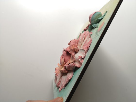 Pink peonies impasto landscape - three-dimensional painting, 25x25x5 cm