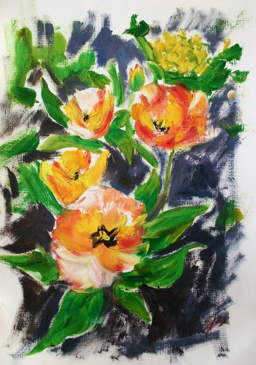 First Tulips II , sketch / ORIGINAL OIL PAINTING by Salana Art Gallery