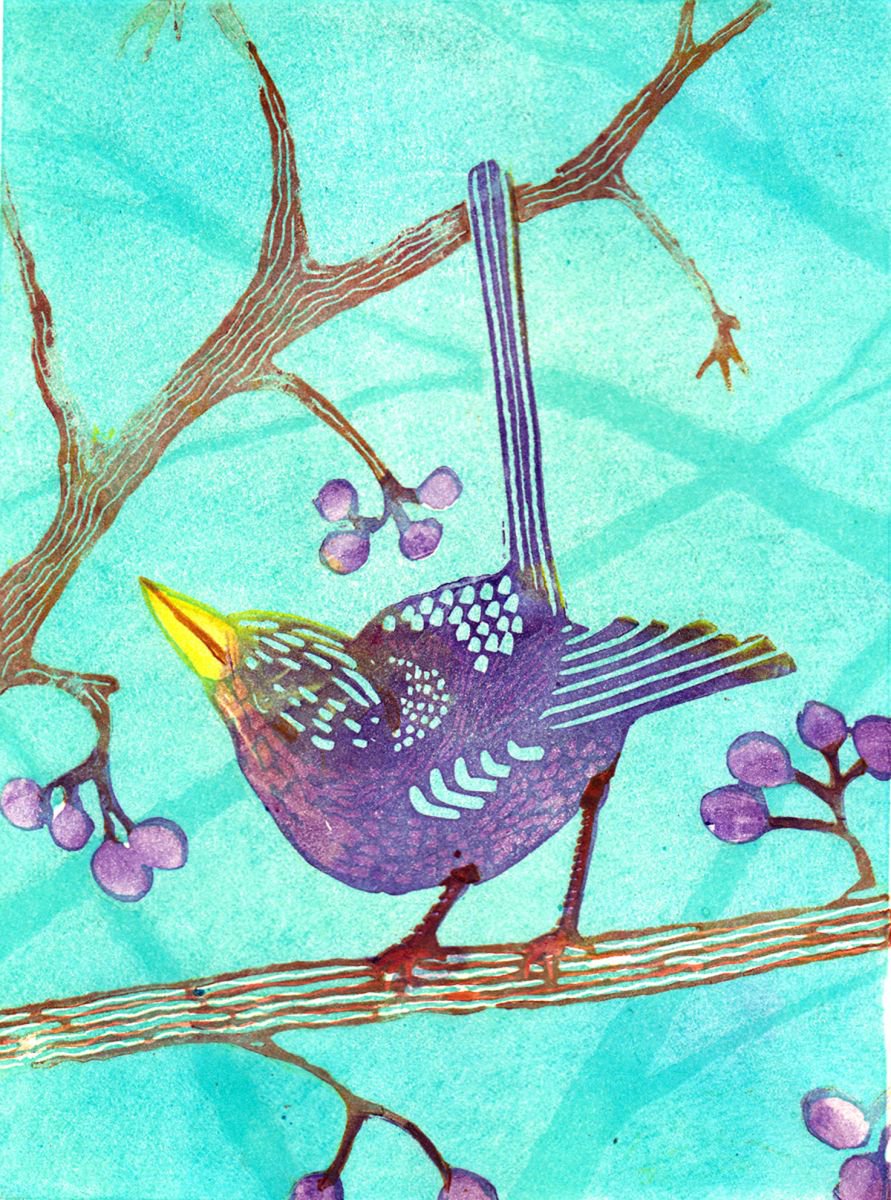 Wren and Berries (blue) by Drusilla  Cole
