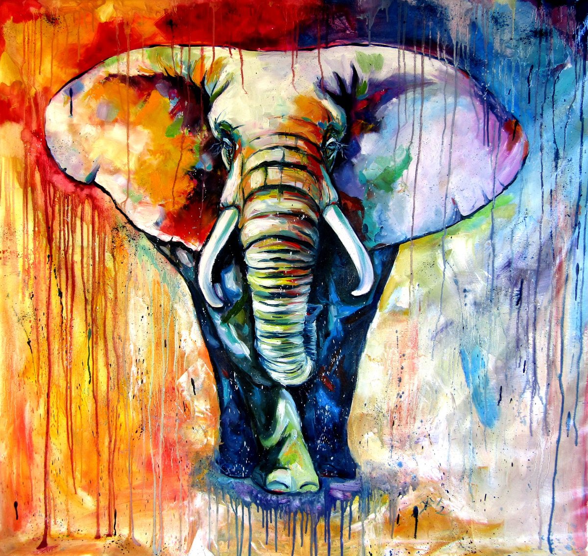 Impressionistic Animal Oil Painting By Kovacs Anna Brigitta, 53 X 51", Majestic Colorful Elephant, Original Artwork