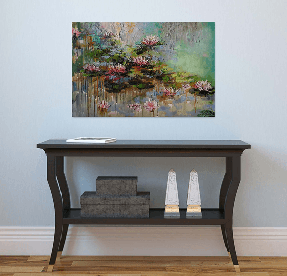 Water lilies original oil large painting, impasto Lily white flowers