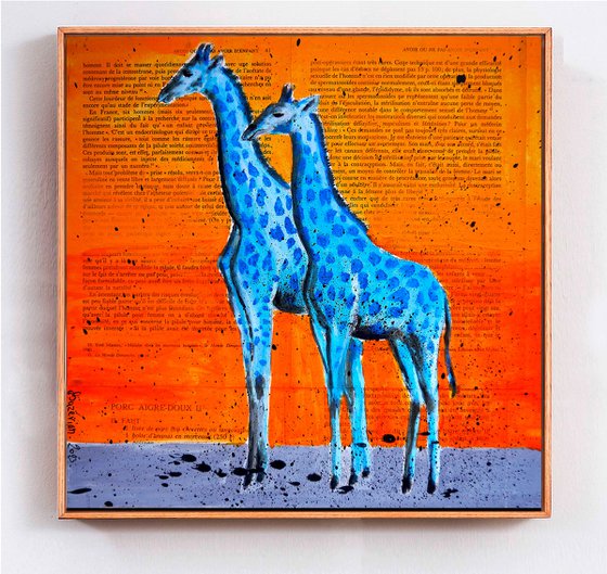 2 Giraffes blue- READY TO HANG -  HOME - Gift