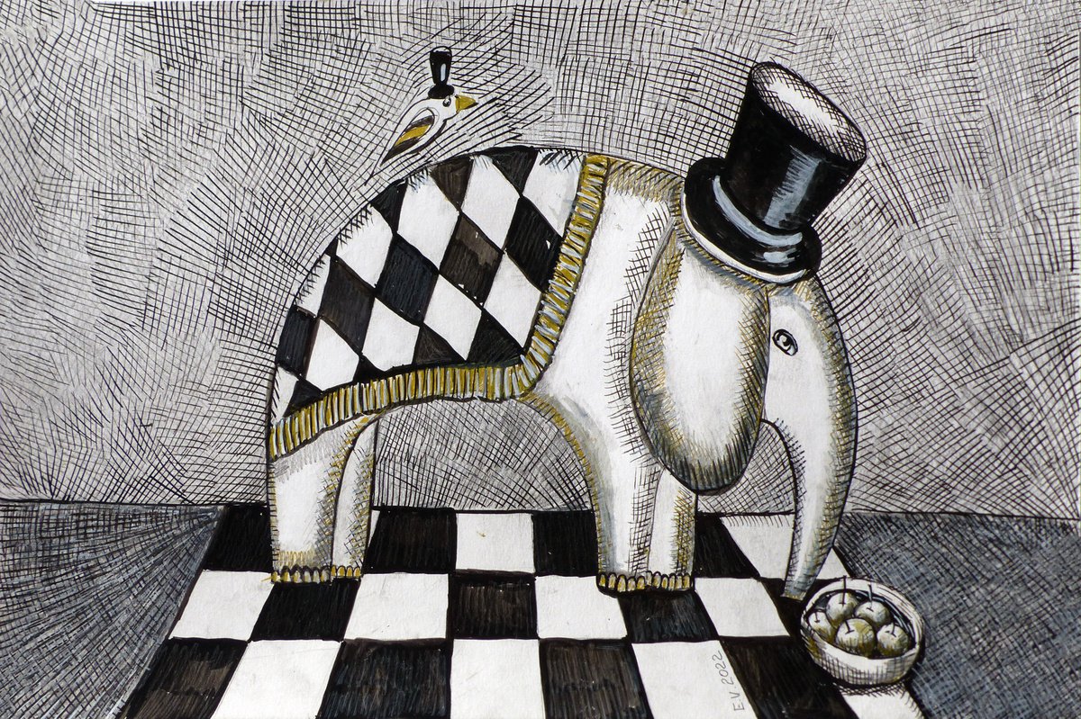 Surrealistic Animal Ink Drawing By Elizabeth Vlasova, 18 X 12, Magic Elephant, Original Artwork