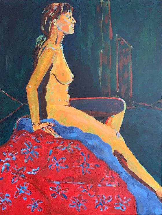 “Seated Female Nude on a Red Floral Drape”