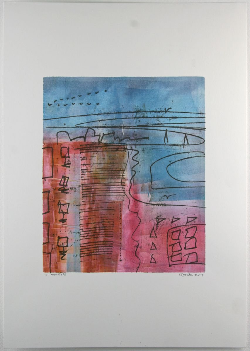 Migration - Unframed A3 Original Signed Monotype & Oil Transfer by Dawn Rossiter